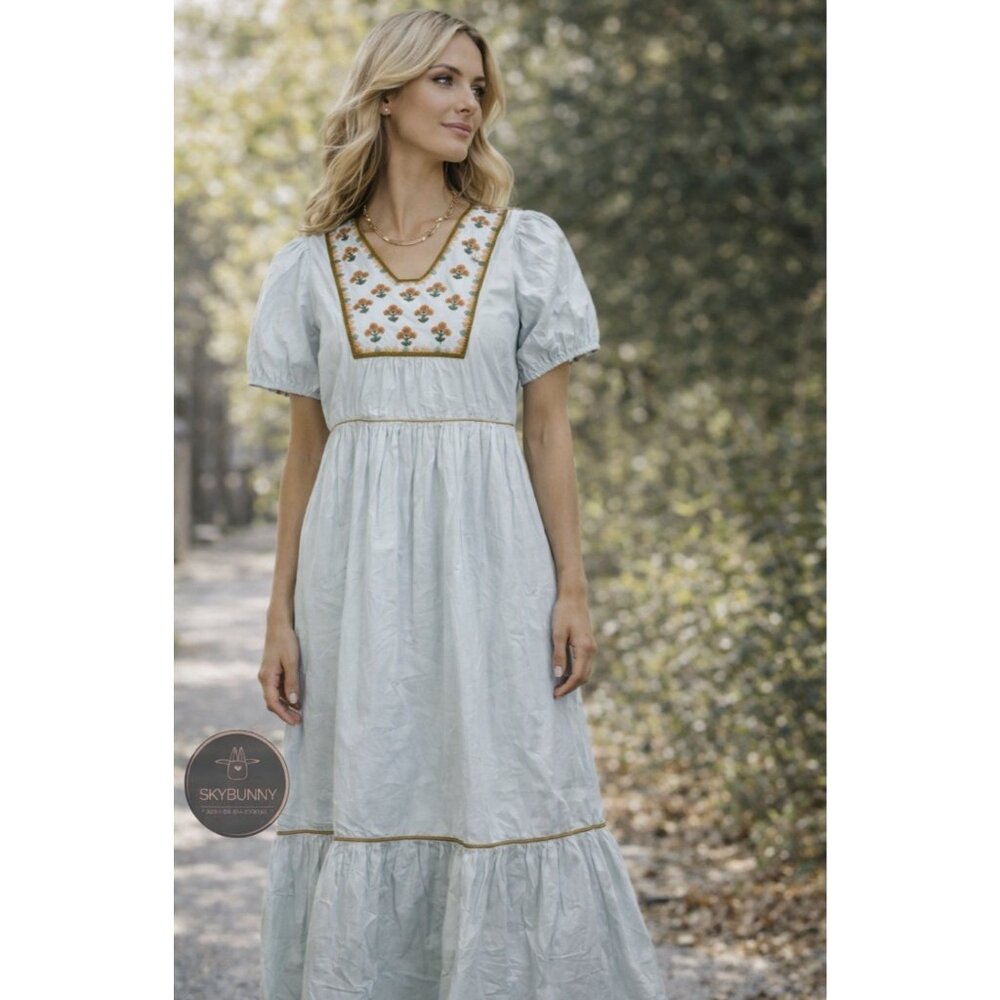 Ex Voto Hayes S Embroidered Maxi Whispering Blue Prairie Boho Cotton Dress $289